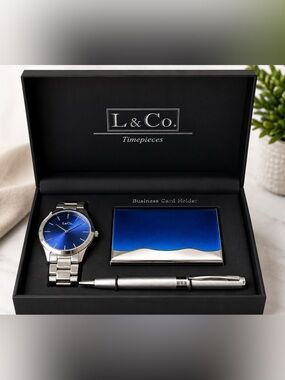 L & Co. Timepieces Men’s Watch Business Card Holder Pen Gift Set New